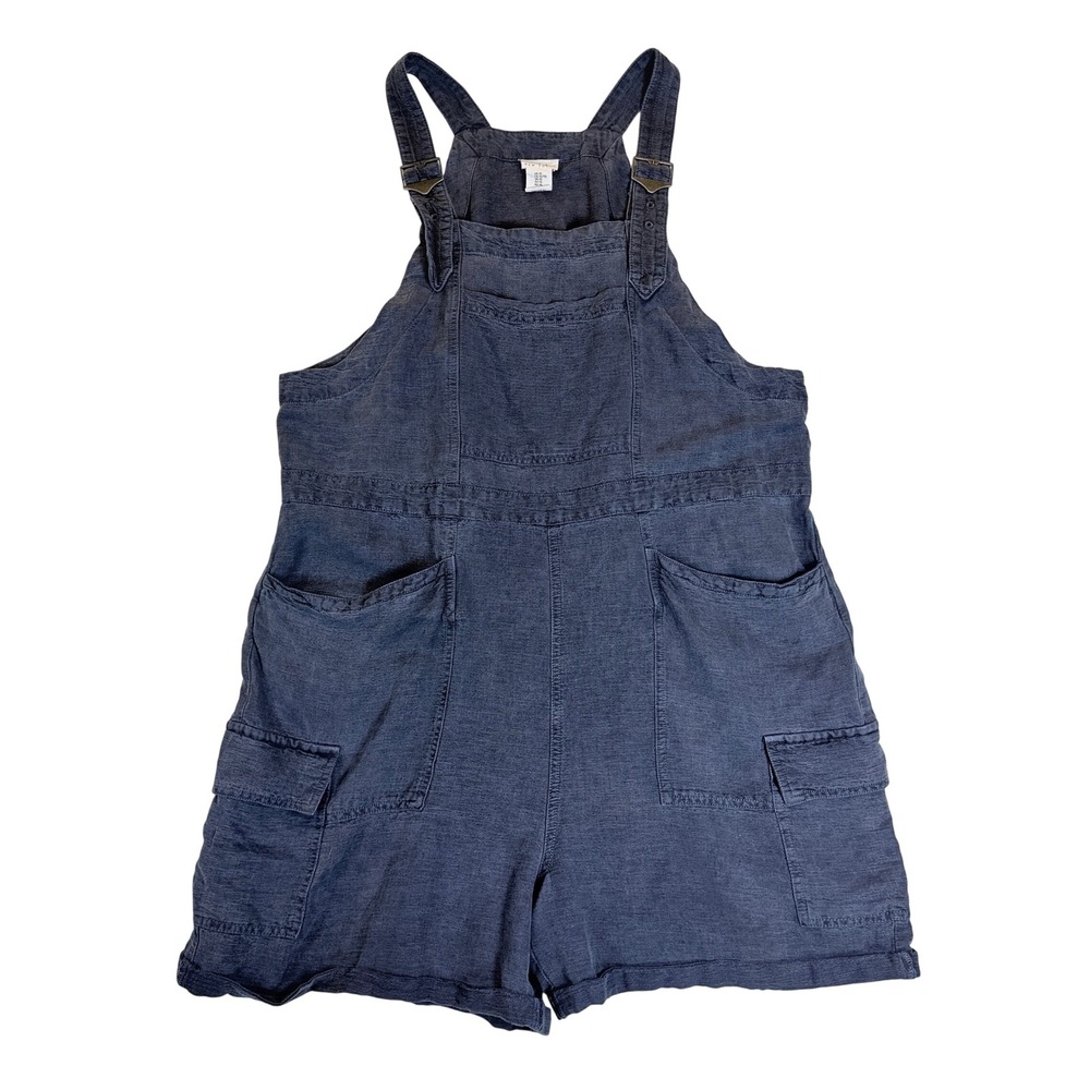 Nicole Miller Shortall Overalls Women XL Blue Linen Cargo Utility Adjustable